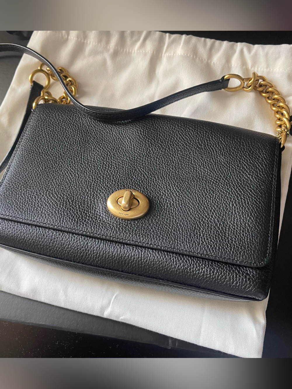 Coach Black Pebbled Leather Turnlock Crossbody Bag with Gold Hardware - Picture 12 of 14